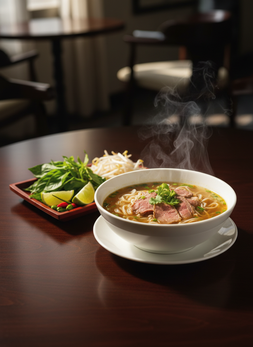 An elegant still life of refined Vietnamese cuisine arranged on a dark, satin-finished wooden table in photographic realism. In the center, a pristine white porcelain bowl of steaming phở features translucent rice noodles, delicate slices of marbled beef, and vibrant green herbs floating on a clear, aromatic broth. Nearby, a lacquered tray holds neat piles of fresh basil, lime wedges, red chili, and crisp bean sprouts. Soft, directional warm lighting from the left creates gentle highlights on the glossy surface of the broth and porcelain, casting long, subtle shadows. The background is softly blurred, suggesting a sophisticated, contemporary dining space with minimal decor. Shot at a three-quarter angle with shallow depth of field, the mood is inviting, refined, and gastronomic.