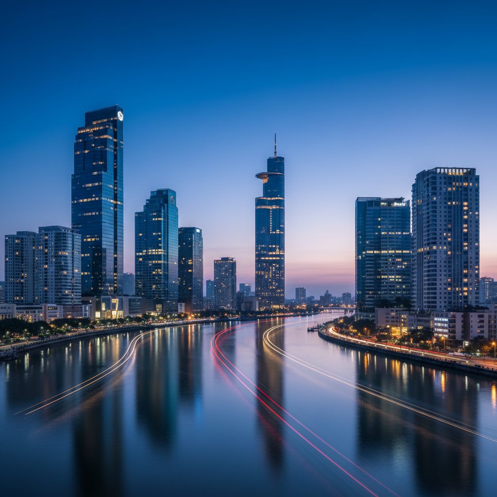 A contemporary skyline of Ho Chi Minh City at blue hour in photographic realism, showcasing Vietnam’s modern face. Sleek glass skyscrapers with cool blue and silver facades rise along the curve of the Saigon River, their illuminated windows forming precise geometric patterns. The iconic Bitexco Financial Tower stands prominently, its distinctive silhouette reflecting in the darkening water below. Long-exposure light trails from unseen river traffic streak across the river’s surface, adding dynamic motion. The sky transitions from deep indigo to soft violet with the last traces of sunset. Shot from an elevated riverside vantage point with a wide-angle lens, the composition balances city and water, creating a polished, cosmopolitan mood that remains calm and sophisticated despite the vibrant city lights.