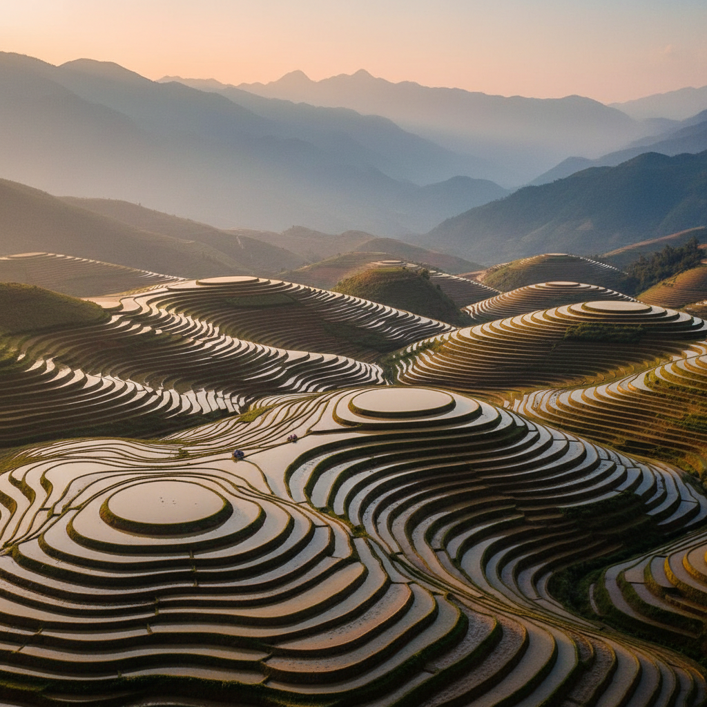 A tranquil photographic scene of terraced rice fields in the mountains of northern Vietnam during late afternoon. Layer upon layer of meticulously sculpted terraces curve organically around the contours of the hills, filled with water that reflects the soft golden light like stepped mirrors. Young rice plants create repetitive patterns of vivid green lines across the shimmering surfaces. In the distance, mist-covered peaks rise, their silhouettes fading into pale blue haze. The sky is clear with a warm, low sun casting long, delicate shadows that emphasize texture and depth. Shot from a high vantage point, the image uses sweeping diagonal lines to lead the eye through the valley. The atmosphere is serene, timeless, and reverent toward traditional agricultural landscapes.