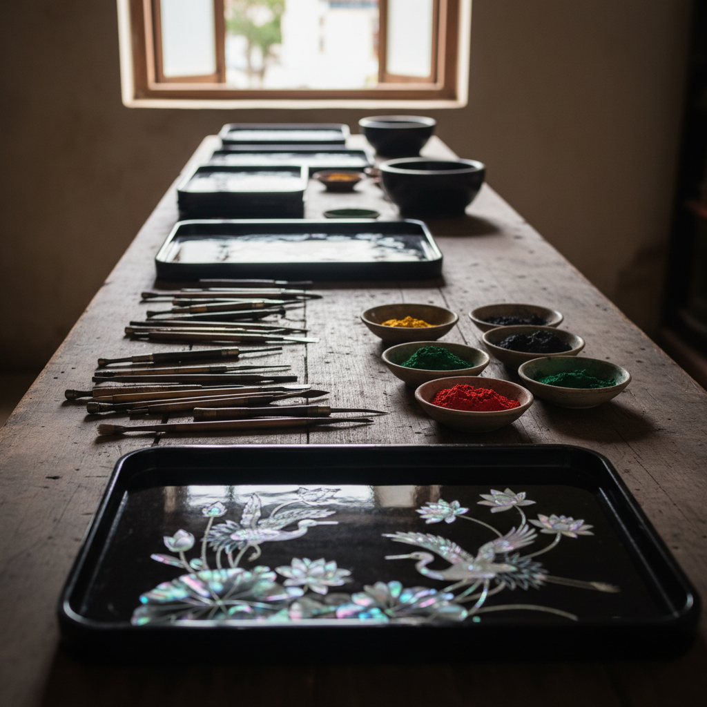 A meticulously detailed scene of a traditional Vietnamese lacquerware artisan workshop, devoid of people, in photographic realism. On a long, weathered wooden workbench lie several nearly finished black lacquer boxes and trays, their surfaces gleaming with inlaid mother-of-pearl depicting stylized cranes and lotus flowers. Fine brushes, carving tools, and small ceramic dishes filled with red, gold, and deep green pigments are arranged in deliberate order. Diffused afternoon light filters through a high window, catching iridescent reflections on the mother-of-pearl and emphasizing the rich, glossy textures. The composition is shot at eye level with a moderate depth of field, focusing sharply on the nearest pieces while the far end of the bench gently blurs. The mood is contemplative, reverent, and celebrates meticulous craftsmanship.