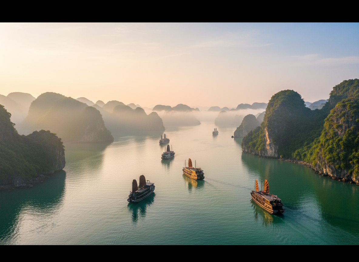 A stunning wide panoramic photograph of Vietnam, showing a breathtaking landscape of Ha Long Bay with dramatic limestone karsts rising from emerald-green waters, traditional wooden junks sailing peacefully, soft golden morning light filtering through mist